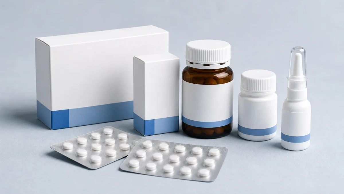 Finished pharmaceutical and healthcare products in realistic unbranded packaging